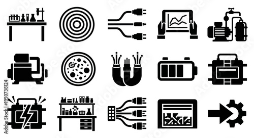 Solid black icons for green hydrogen production and high-pressure gas safety. Electrolyzers, H2 sensors, and fuel cell symbols collection. Vector illustration for renewable energy apps, engineering bl