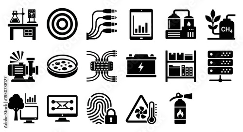 Solid black icons for e-waste management and electronic recycling logistics. PCB shredders, battery neutralization, and metal recovery symbols collection. Vector illustration for environmental apps, s
