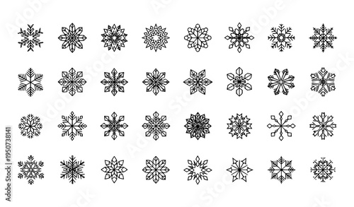 Winter snowflake outline icons minimal thin line vector frost crystal pack