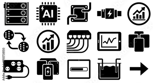 Solid black icons for AI server management and GPU cluster logistics. High-performance computing racks, chip cooling, and deep learning symbols collection. Vector illustration for IT infrastructure ap