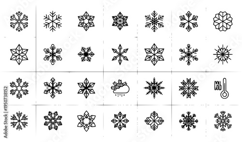Snowflake frost crystal thin outline icons vector pixel perfect winter collection