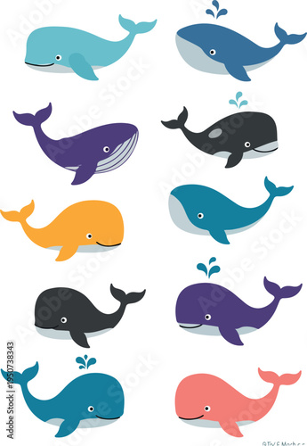 Cute Pixel Art Whales Diverse Colors Isolated On White Vector Illustration