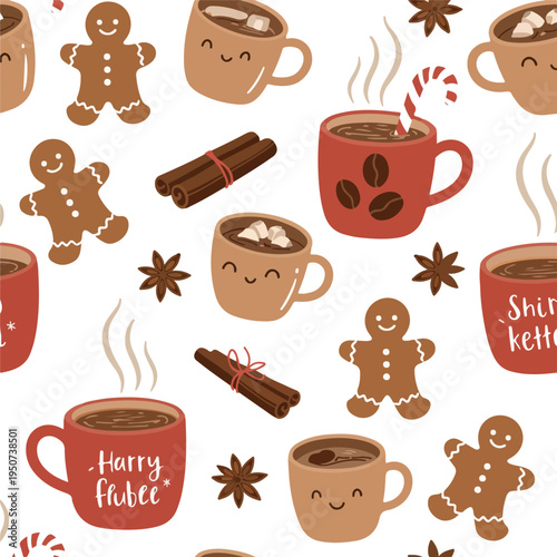 Cute Pixel Hot Chocolate Mugs and Gingerbread Cookies Christmas Pattern