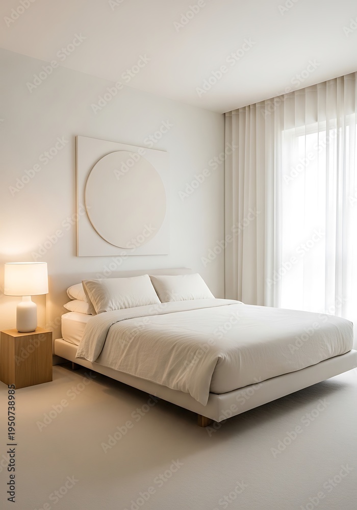 Fototapeta premium Serene bedroom scene with minimalist decor and soft, natural light, relaxation