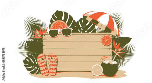 Vector summer vacation background with tropical leaves and beach accessories