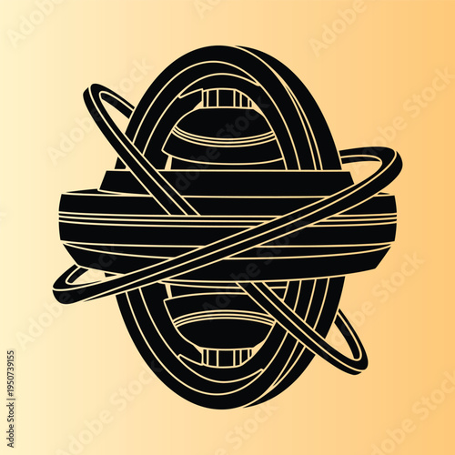 Abstract spherical object with orbiting rings, representing technology or science concepts