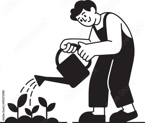 Gardening concept with man watering plants and sprouts, flat vector illustration