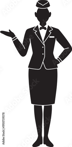 Hospitality staff woman presenting and welcoming, minimalist vector icon