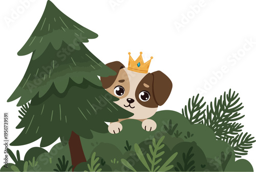 Cute Puppy Wearing Crown Peeking Behind Green Forest Tree