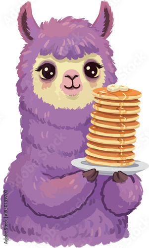 Cute Purple Llama Holding Stack Of Pancakes With Butter And Syrup Vector Art