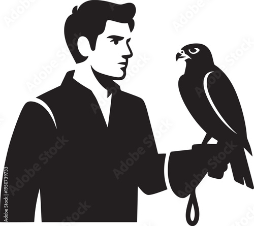 Falconry concept with man holding a falcon, black and white vector illustration