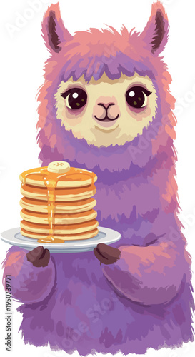 Cute Purple Llama Holding Stack of Pancakes with Syrup and Butter Isolated