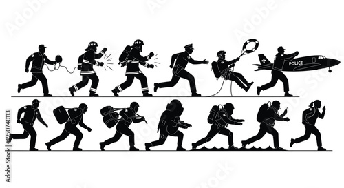 Set of 12 black silhouette icons of people running with luggage vector