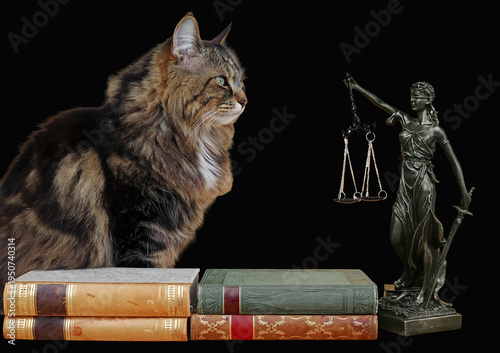 Eine Katze mit einer Justitia Figur und Büchern. Rechtssprechung für Tiere. Freigestellt mit schwarzem Hintergrund
