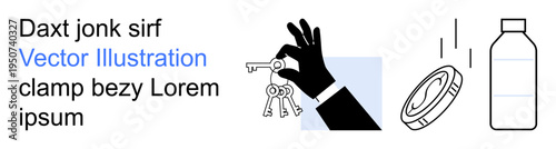 Security, access, sustainability, daily essentials, key ownership, recycling. Black hand holding keys, bottle and separate lid. Security and sustainability concept