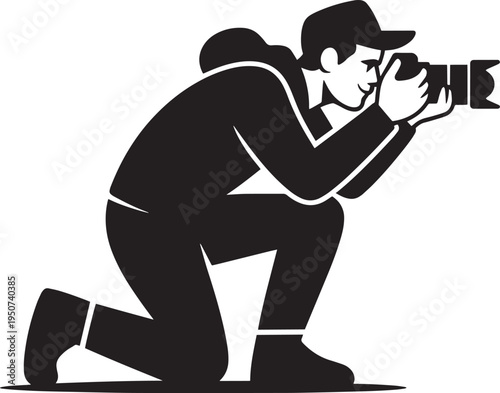 Photographer taking photo with camera for media and creative apps, minimalist vector 