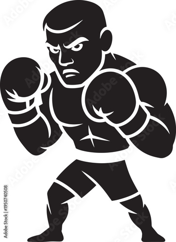 Boxing fighter in fighting stance for sports club logo and gym emblem, graphic vector