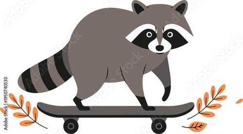 Cute Raccoon Skateboarder Autumn Leaves Flat Design Vector