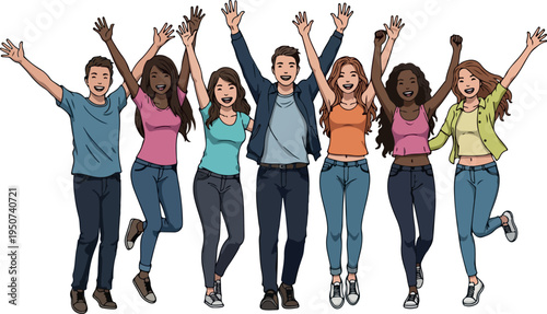 Diverse Happy People Jumping Celebrating Success Joyful Group Vector