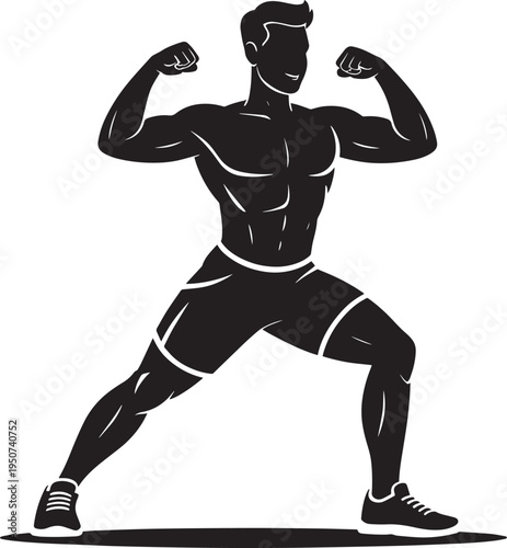 Fitness and strength symbol of muscular man flexing for gym app ui, black silhouette 