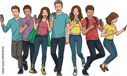 Diverse Group Of People Walking Holding Smartphones