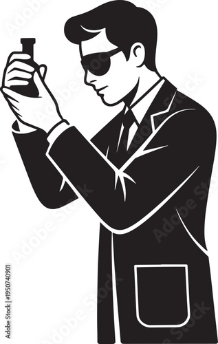 Scientist or investigator holding a flask for research and discovery, monochrome vect