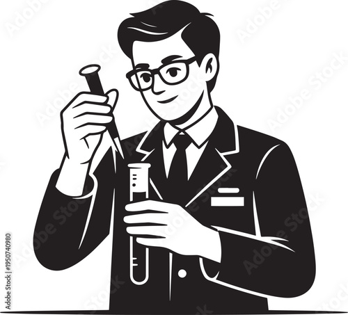 Science research concept with male scientist working in laboratory, flat vector illus