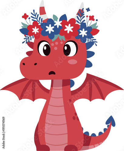 Cute Red Dragon Wearing Flower Crown Minimalist Vector Art