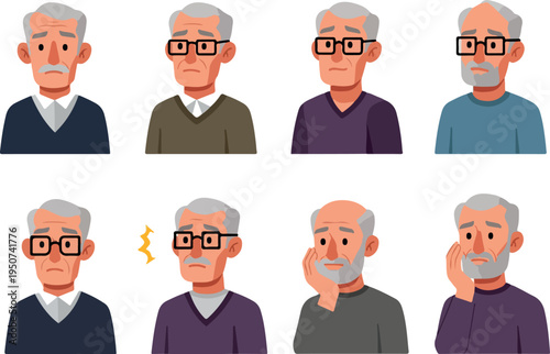 Elderly Man Expressing Emotions Simple Flat Icon Set