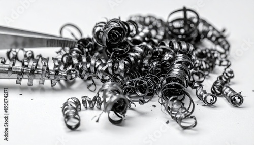 A detailed close-up of dark, curly iron filings scattered organically across a white surface, revealing intricate magnetic patterns and textures, perfect for scientific or industrial themes.