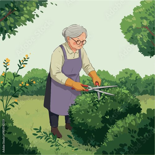 Elderly Woman Gardening Pruning Bushes with Shears in Soft Daylight