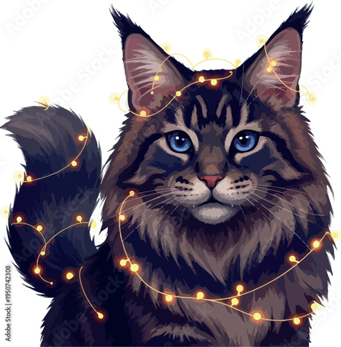 Majestic Maine Coon Cat with Twinkling Lights Festive Portrait Isolated