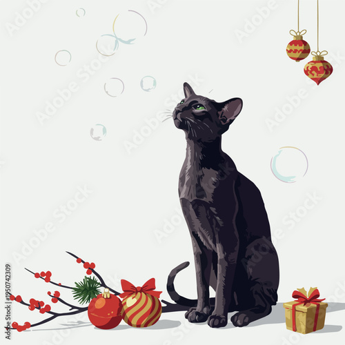 Elegant Black Cat with Christmas Ornaments Bubbles on White Background