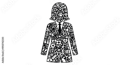 Vector illustration of businesswoman covered in various icons and symbols