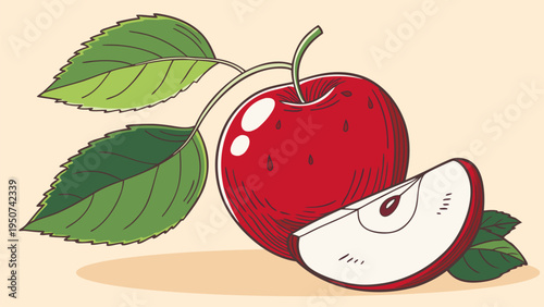 Fresh red apple vector illustration with leaf and cut slice. Clean fruit artwork ideal for healthy lifestyle themes, organic food branding, school nutrition design, grocery packaging, and menu graphic