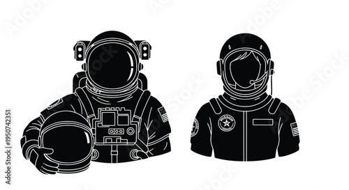 Set of 2 astronaut icons vector, black and white