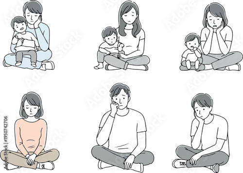 Family Sitting Together Looking Sad Minimalist Line Art Vector Illustration