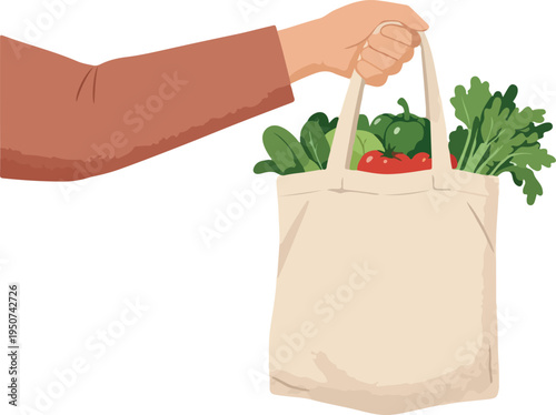 Hand Holding Tote Bag Full Of Fresh Produce Isolated On White Background Minimalist Illustration