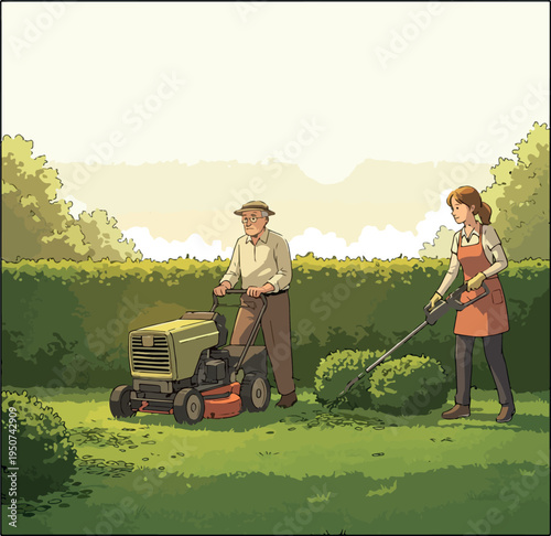 Man Mowing Lawn Woman Trimming Bushes Outdoor Gardening Scene