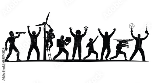 Set of 8 black silhouettes celebrating with various objects vector