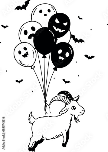 Flying Goat Holding Halloween Balloons With Bats and Stars Minimalist Illustration