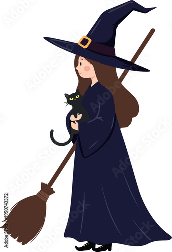 Minimalist Witch with Black Cat and Broomstick Flat Design