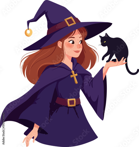 Flat Design Witch With Black Cat Halloween Theme Purple Outfit