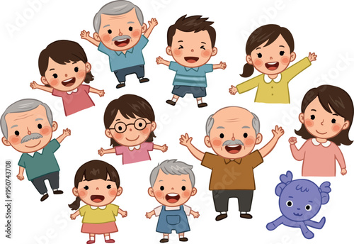 Happy Diverse Family And Cute Monster Isolated On White Background Vector Art