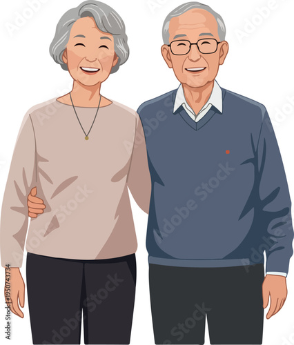 Happy Elderly Asian Couple Standing Together Smiling Warmly Light Pink Blue Outfits