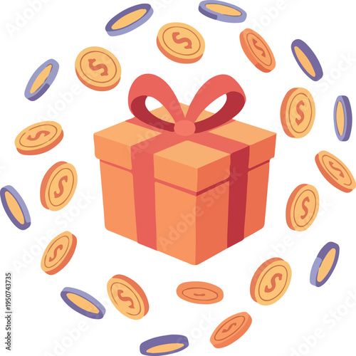 Orange Gift Box With Red Ribbon Surrounded By Flying Gold Coins Isolated