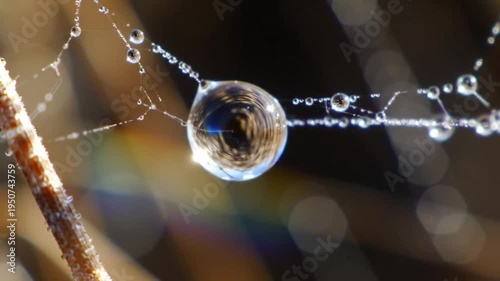 Macro shot of a water droplet on a spider web with rainbow refraction.