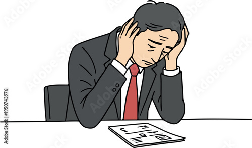Frustrated Businessman In Suit Holding Head Sitting At Desk With Papers White Background
