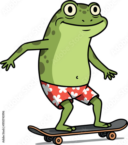 Frog Surfing Skateboard Red Floral Shorts Cartoon Vector Illustration