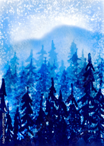 Blue winter forest with snow covered pine trees glowing in soft light creating a dreamy cold landscape atmosphere with frosty evergreen silhouettes and misty snowy background
